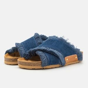 See By Chloé ‘Prue’ Blue Denim Frayed Fringe Sandals Slides
